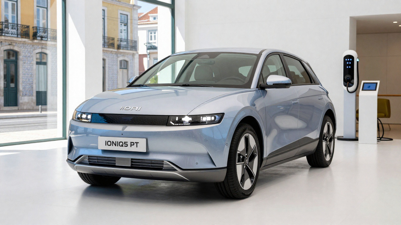 Carro elétrico Hyundai Ioniq 5 PT azul estacionado em showroom moderno com carregador ao fundo.