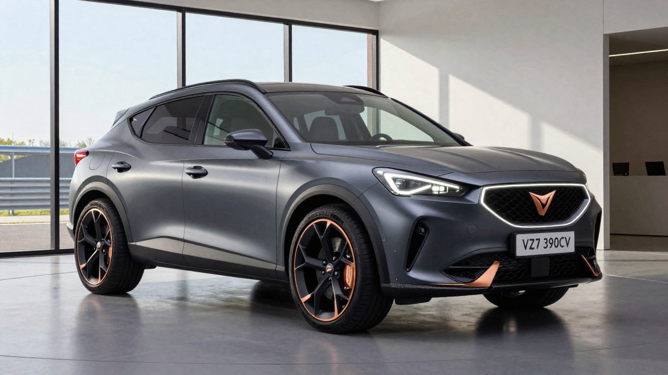 Carro SUV elétrico cinza fosco com detalhes em cobre, rodas esportivas e luzes de LED em ambiente interno.
