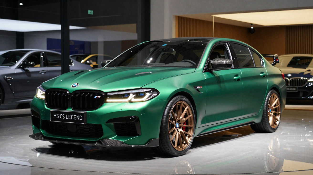 Carro verde BMW M5 CS Leggend em exposição, com rodas douradas e ambiente interno moderno.