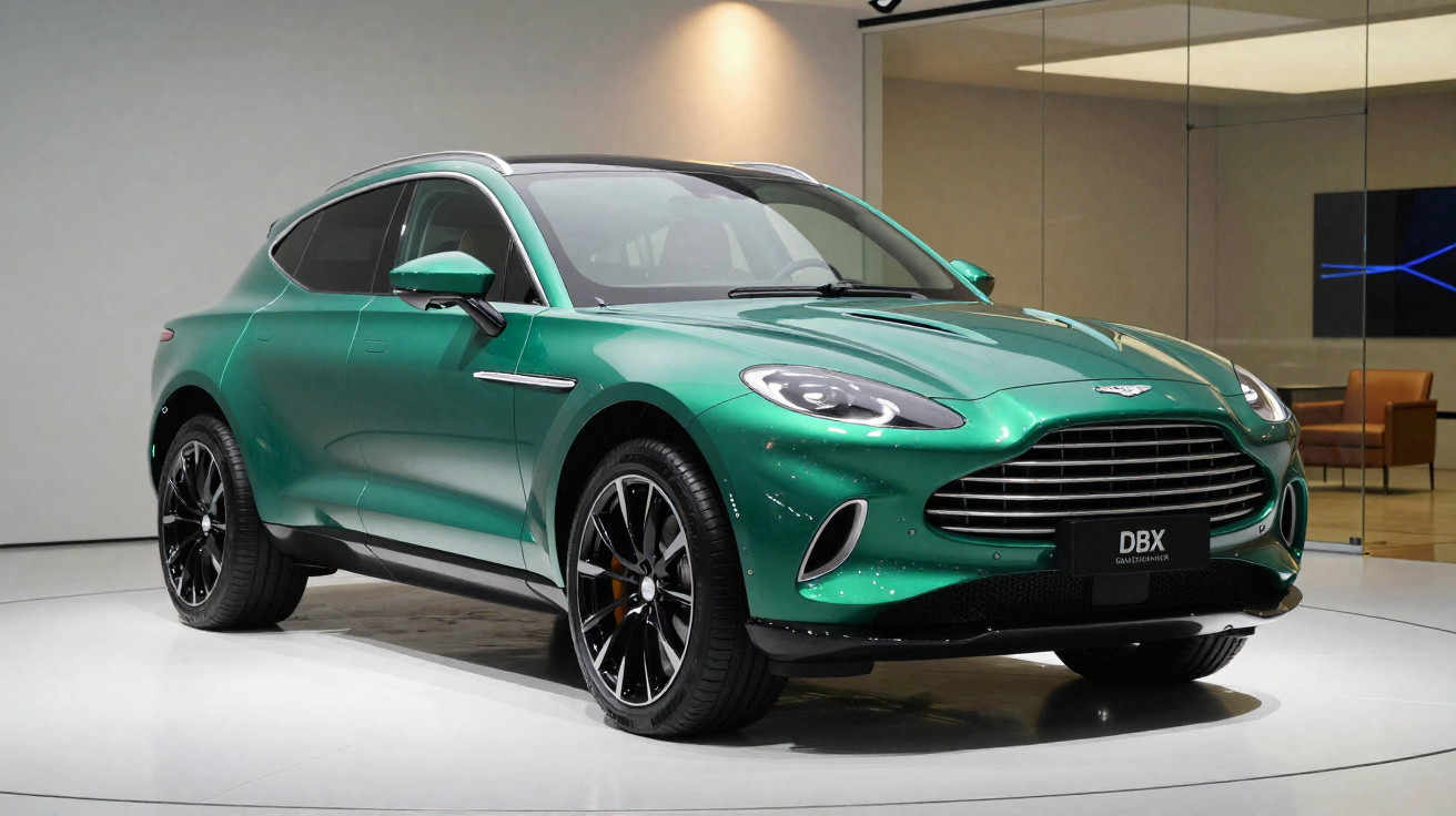 Carro SUV esportivo verde Aston Martin DBX exposto em ambiente interno moderno.
