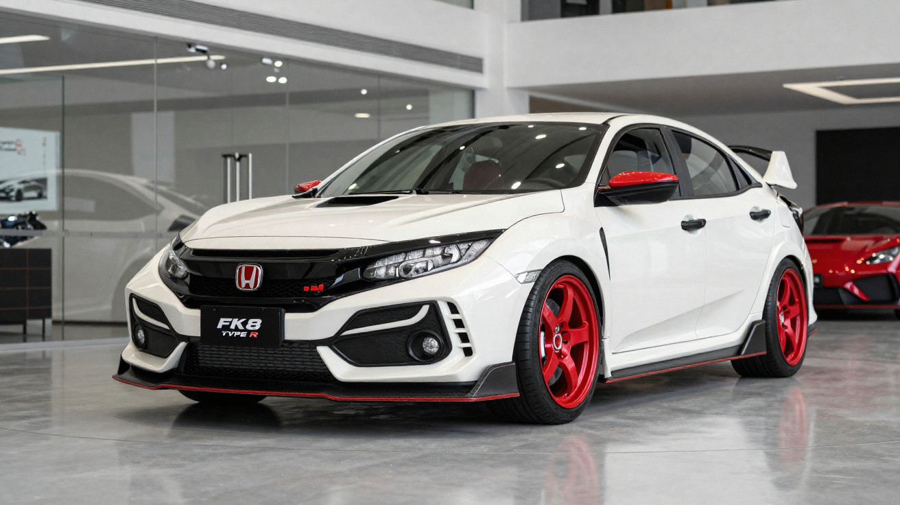 Carro esportivo Honda Civic Type R FK8 branco com detalhes em vermelho em showroom moderno.