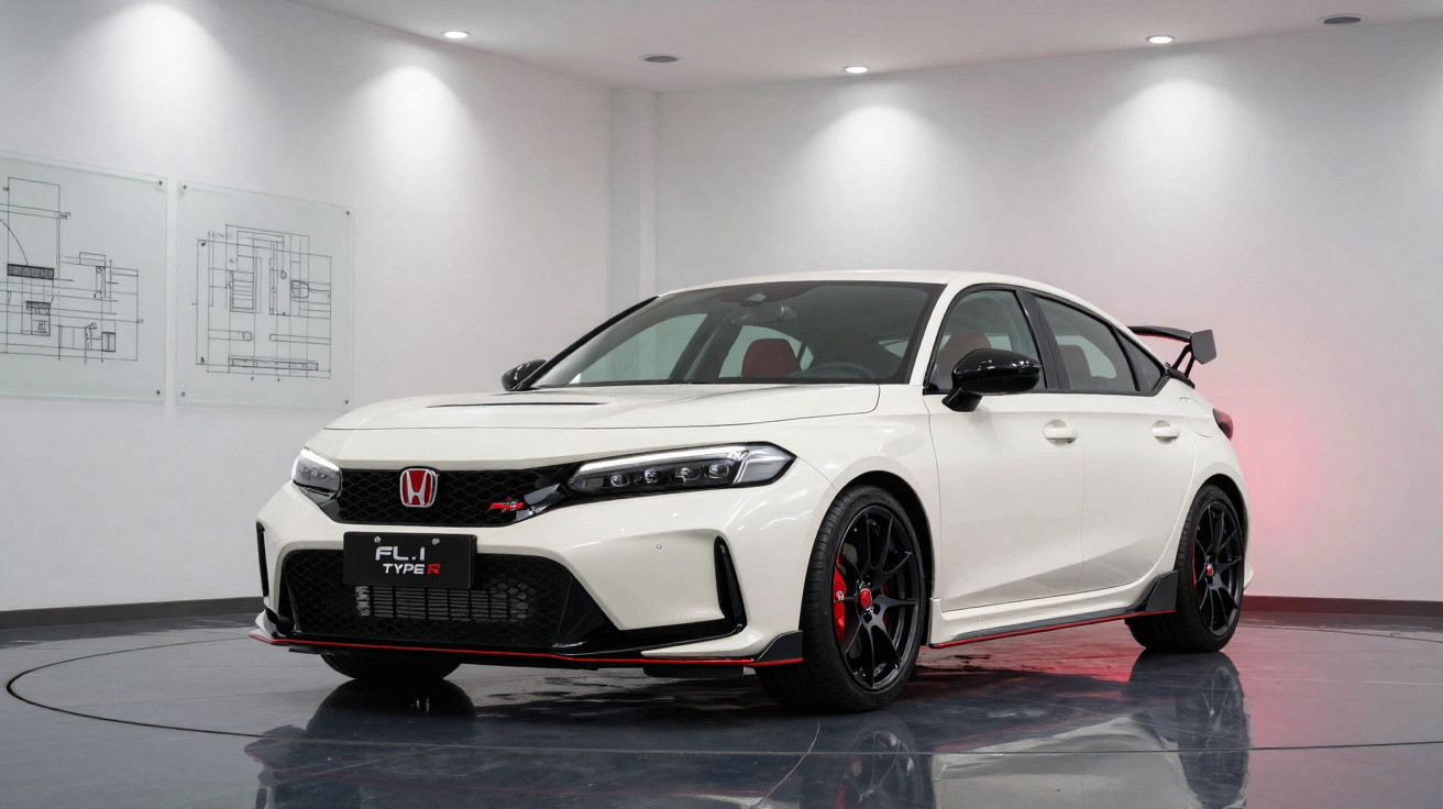 Carro esportivo branco Honda Civic Type R FL1 com detalhes em vermelho em ambiente interno iluminado.