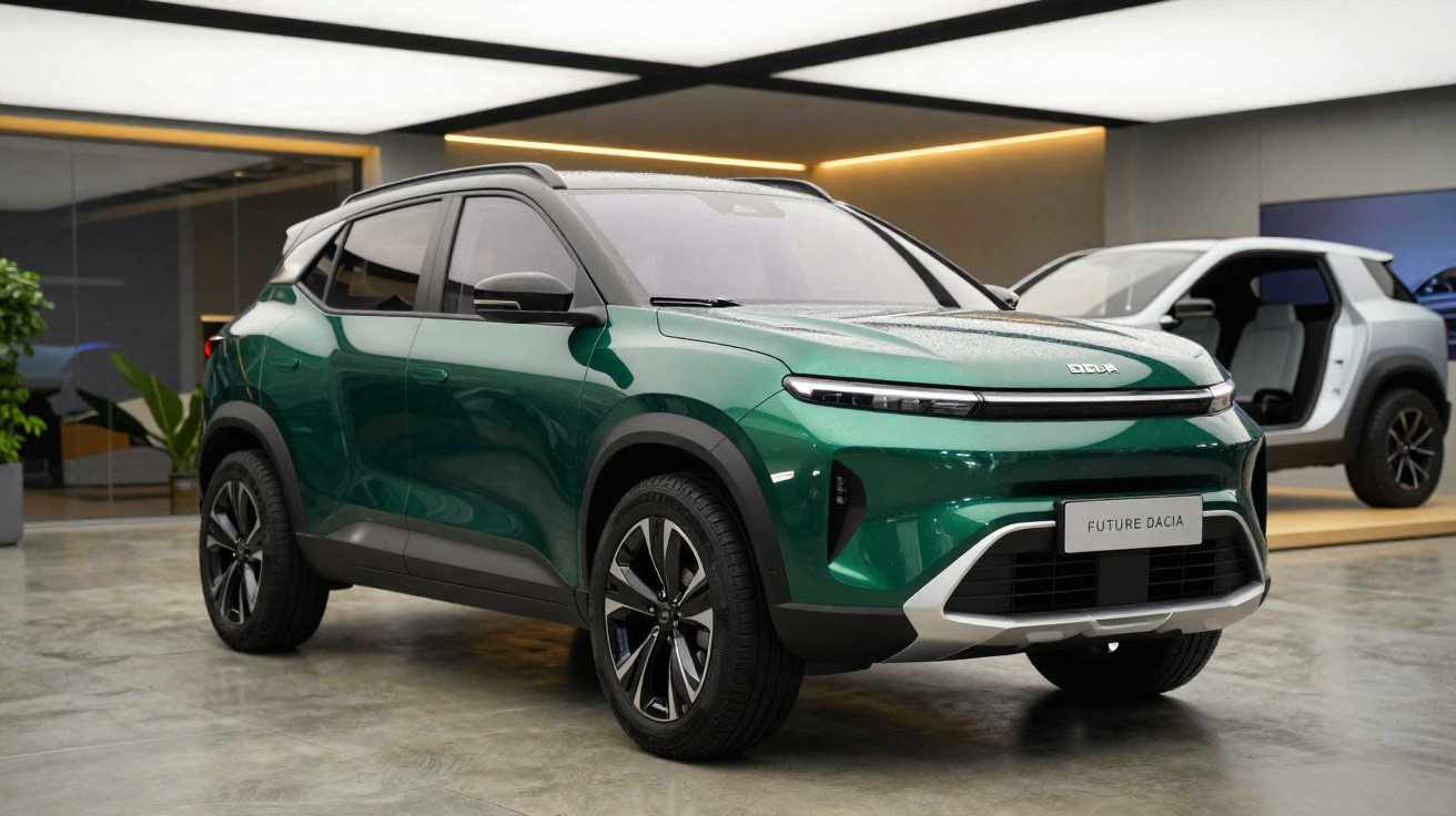 Carro SUV elétrico verde Future Dacia em exposição interna com design moderno e rodas pretas.