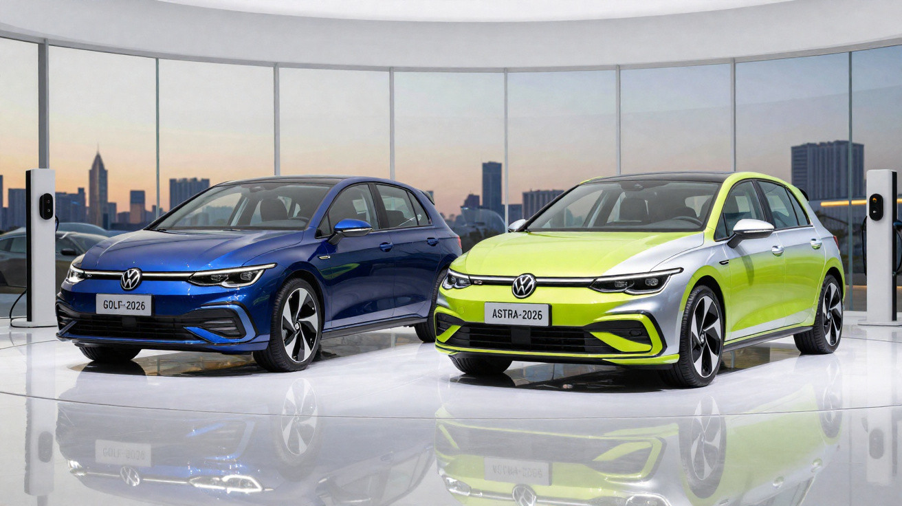 Dois carros Volkswagen elétricos 2026, modelo Golf azul e Astra verde, em showroom moderno com paredes de vidro.