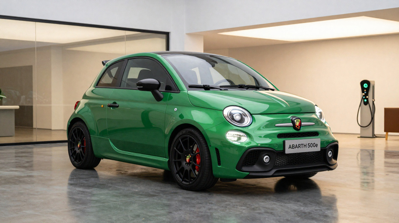 Carro esportivo verde Abarth 500e estacionado em ambiente interno moderno com carregador elétrico ao fundo.
