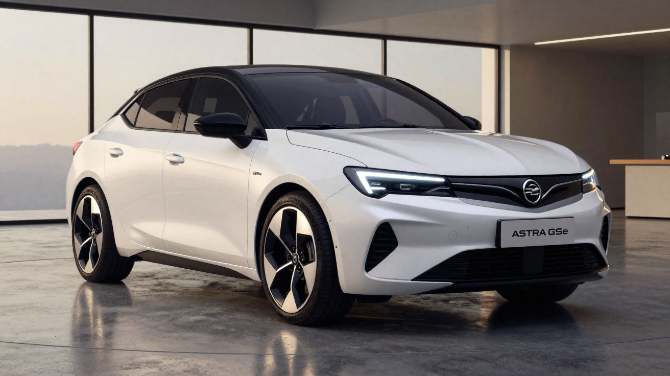 Carro branco Opel Astra GSe estacionado em ambiente interno com paredes de vidro ao fundo.
