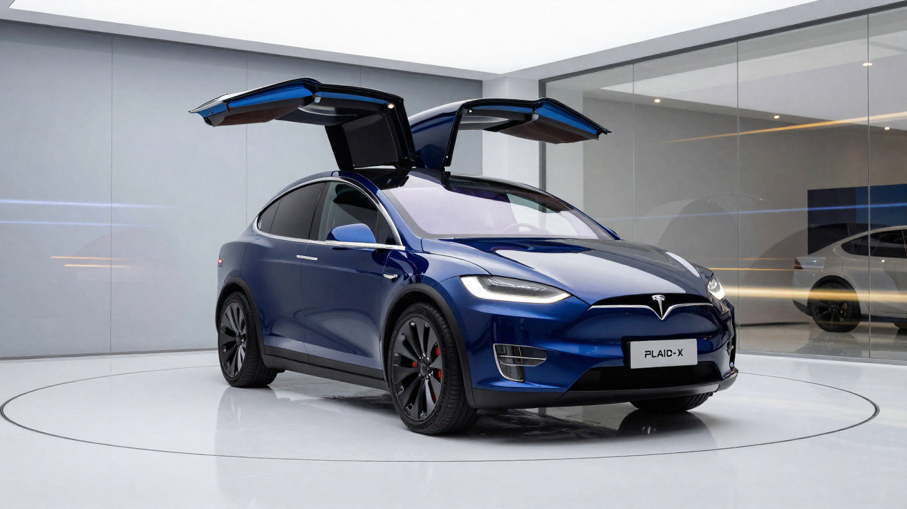 Carro elétrico azul Tesla Model X com portas abertas tipo asa de gaivota em ambiente moderno.