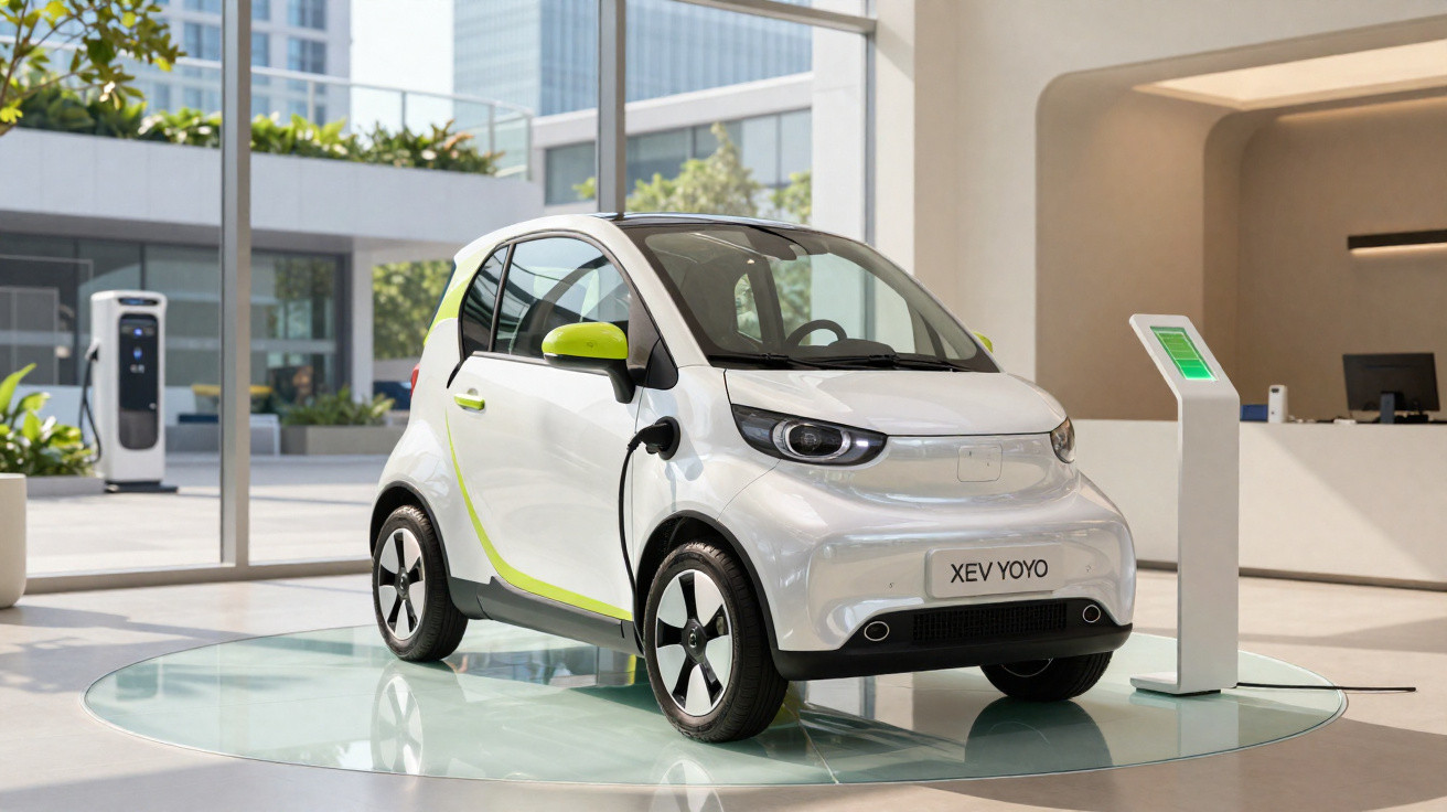 Carro elétrico compacto branco com detalhes verdes conectado a estação de recarga em ambiente interno moderno.