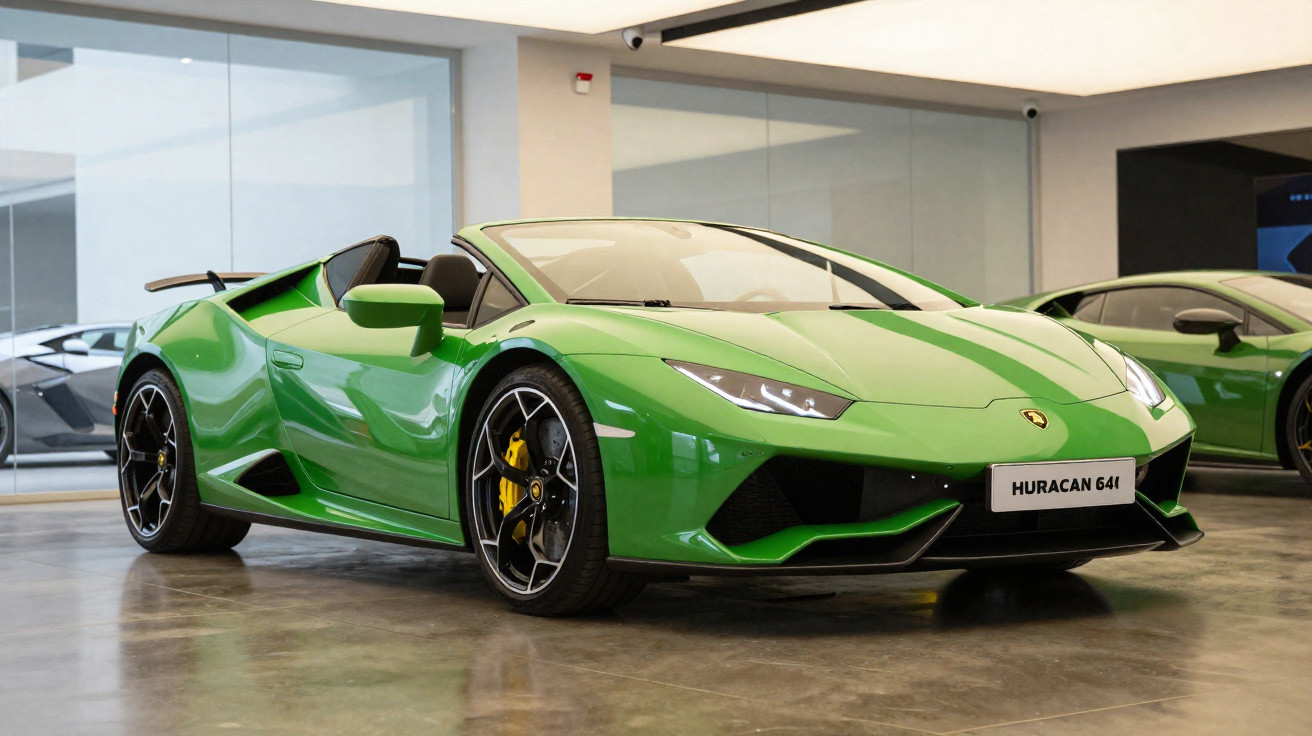 Carro esportivo conversível Lamborghini Huracan verde em showroom moderno com piso de cimento polido.