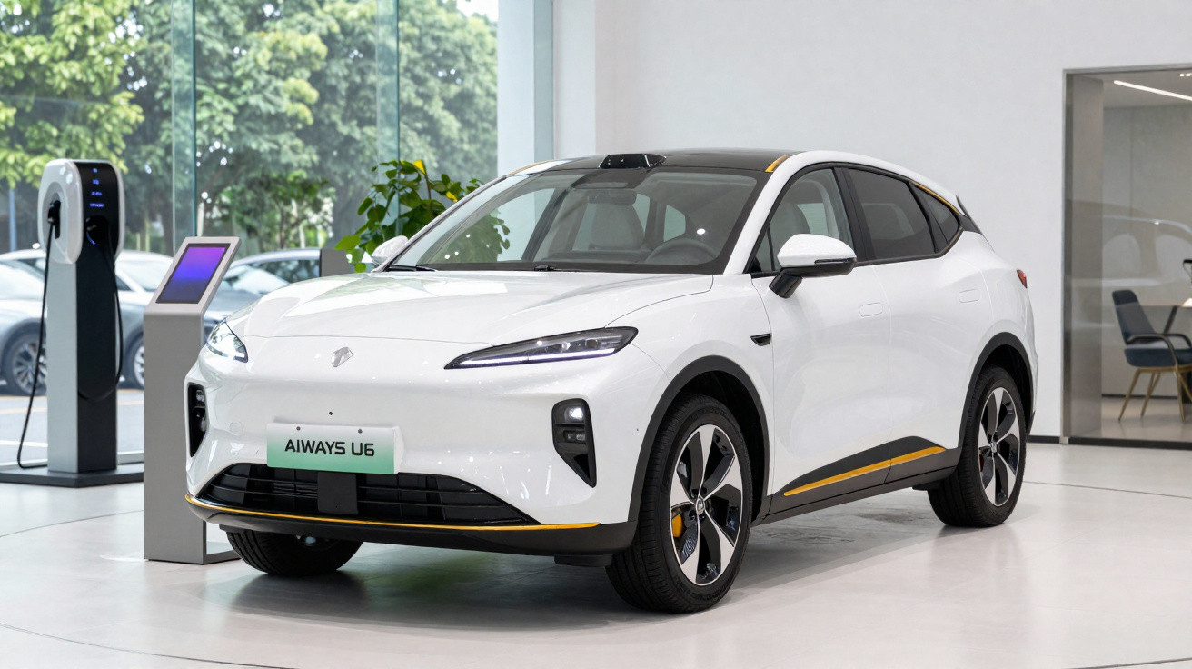 Carro elétrico branco Aiways U6 exposto em showroom moderno com estação de carregamento e tela touch ao fundo.