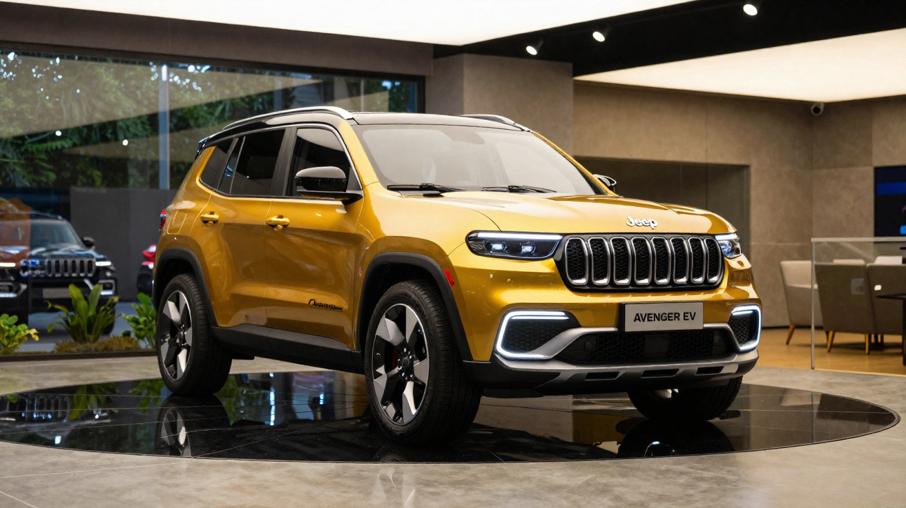 SUV elétrico Jeep Avenger EV amarelo em exposição em showroom moderno.