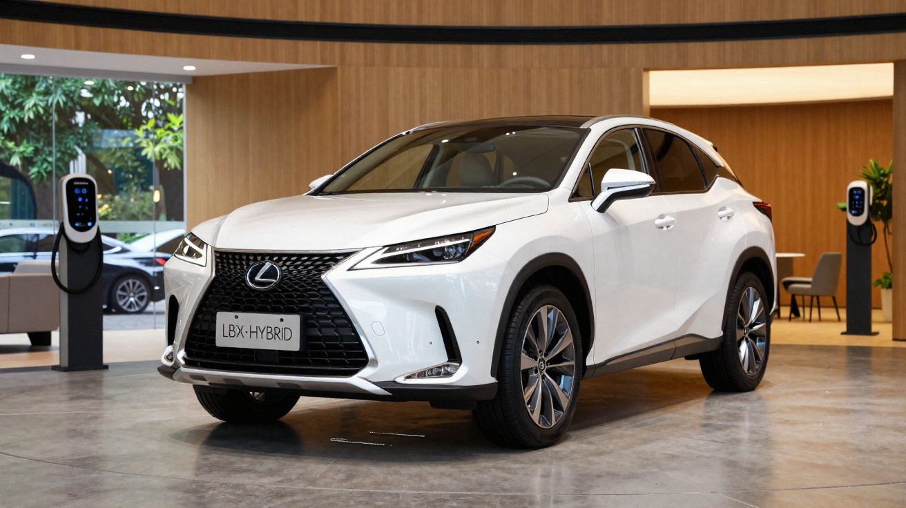 Carro SUV híbrido branco da Lexus exibido em ambiente moderno com carregadores elétricos ao fundo.