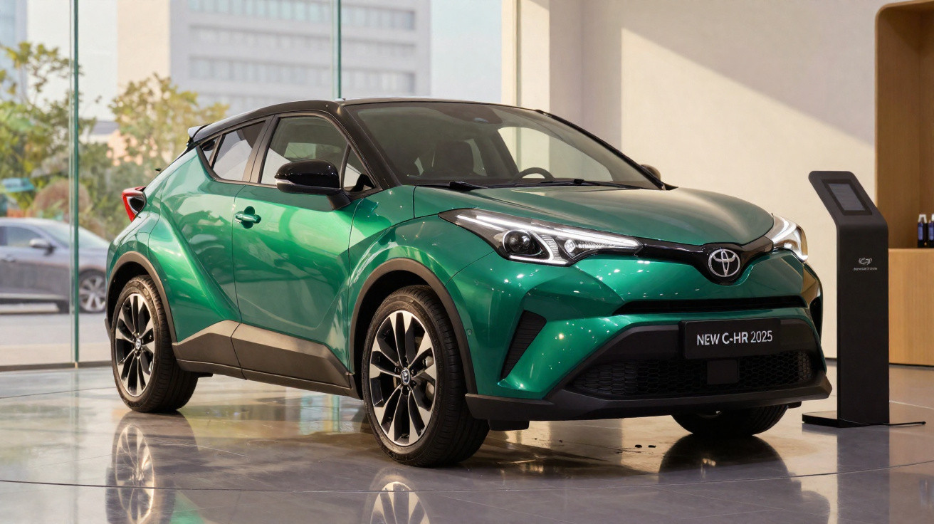 Carro Toyota C-HR 2025 verde exibido em showroom com interior moderno e piso refletivo.
