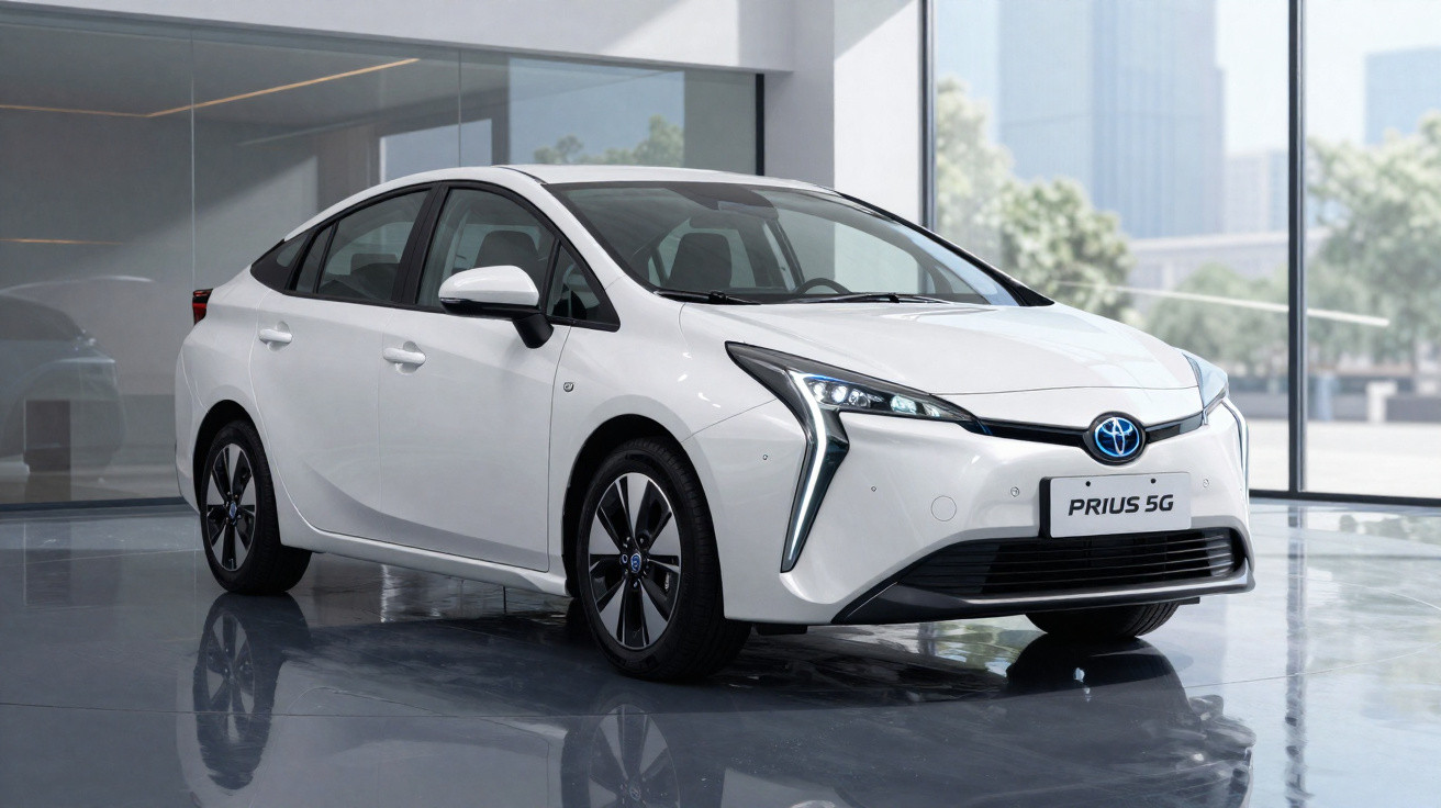 Carro Toyota Prius 5G branco em ambiente interno com piso espelhado e janelas grandes ao fundo.