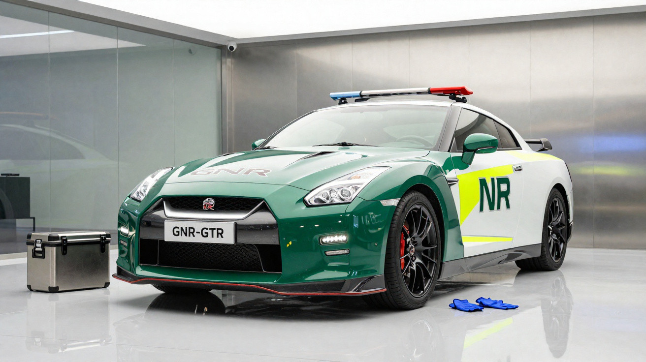 Carro esportivo verde e branco da polícia GNR com luzes no teto em piso branco brilhante.