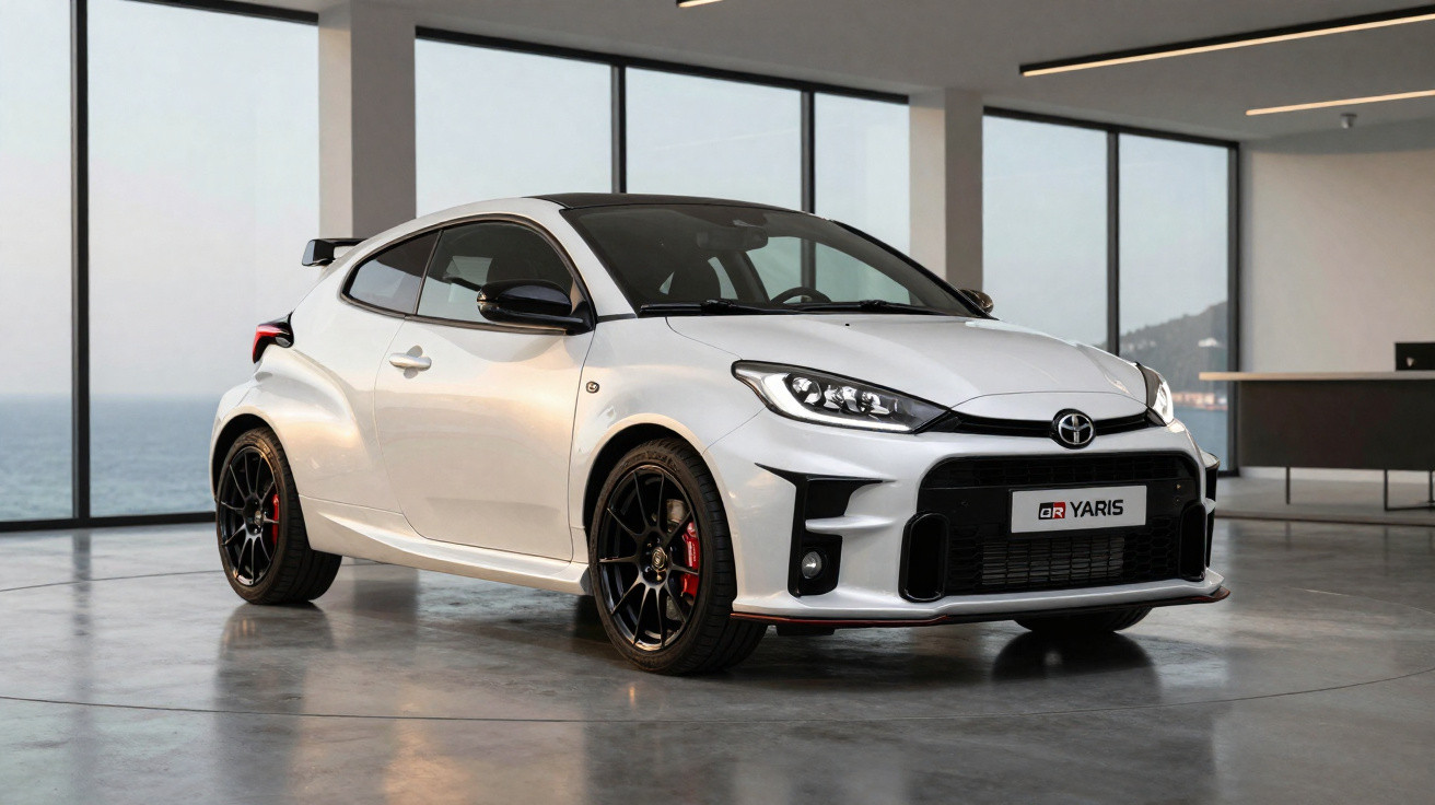 Carro esportivo branco Toyota GR Yaris estacionado em ambiente interno com janelas grandes ao fundo.