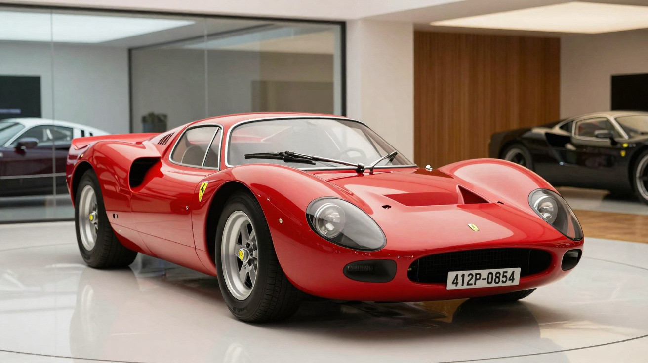 Carro esportivo clássico Ferrari vermelho exibido em showroom com piso branco e detalhes modernos ao fundo.