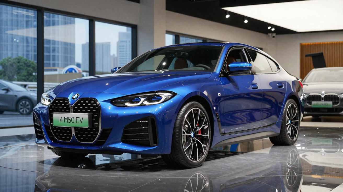 Carro elétrico BMW i4 M50 EV azul exibido em showroom moderno com piso brilhante.