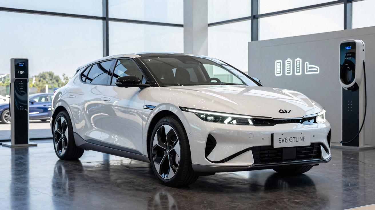 Carro elétrico branco Kia EV6 GT Line estacionado em showroom ao lado de estações de carregamento.