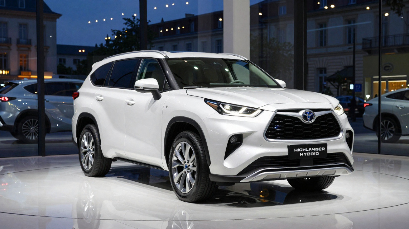 Carro SUV branco Toyota Highlander Hybrid exibido em showroom com luzes refletindo no capô.