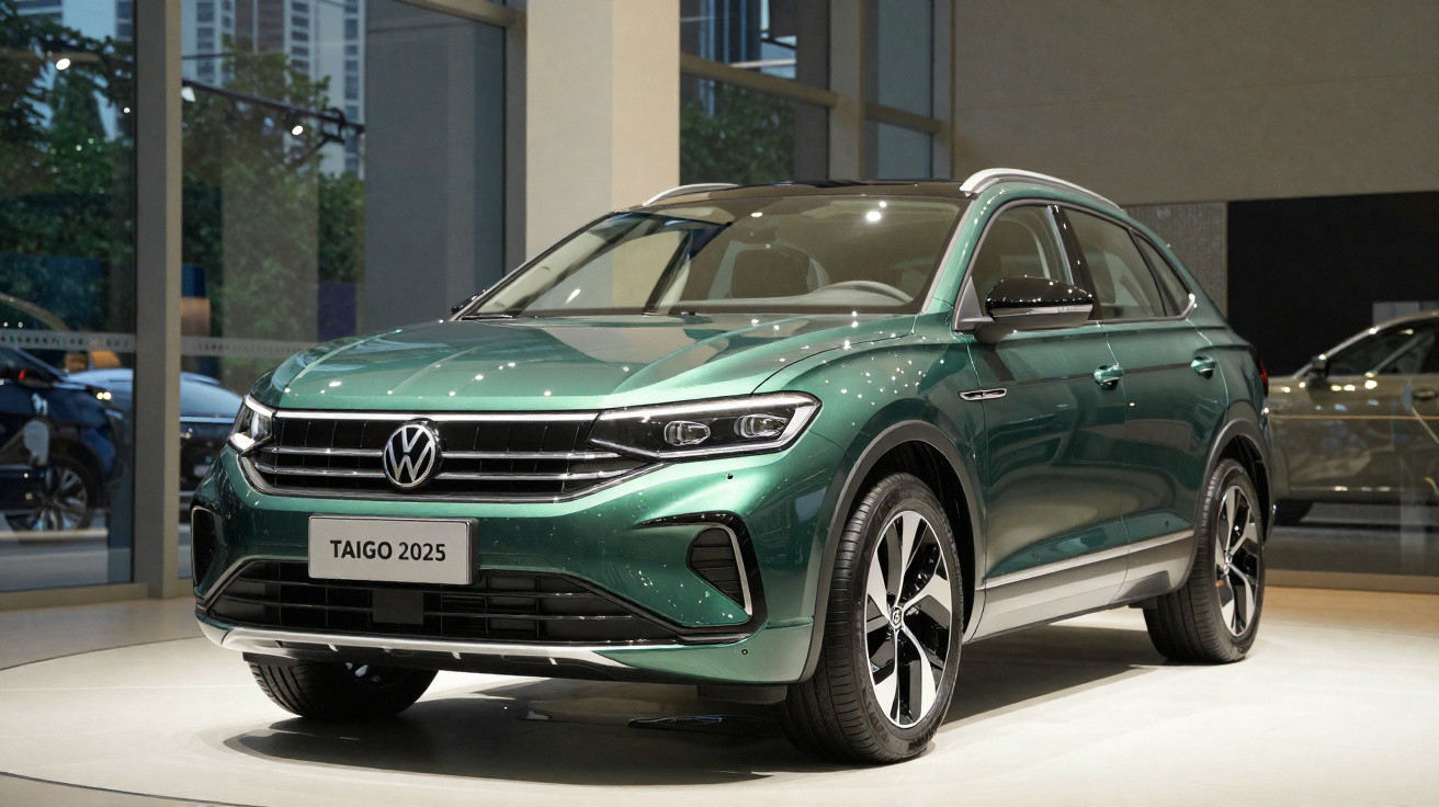 Carro Volkswagen Taigo 2025 verde exibido em showroom com iluminação refletida na lataria.