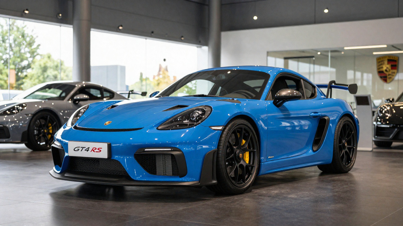 Carro esportivo azul Porsche GT4 RS em showroom com piso cinza e outros carros ao fundo.