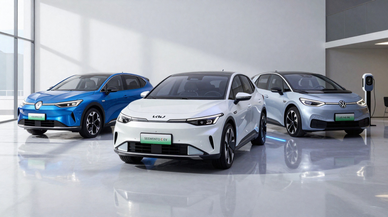 Três carros elétricos estacionados em ambiente interno com piso refletivo e parede branca.
