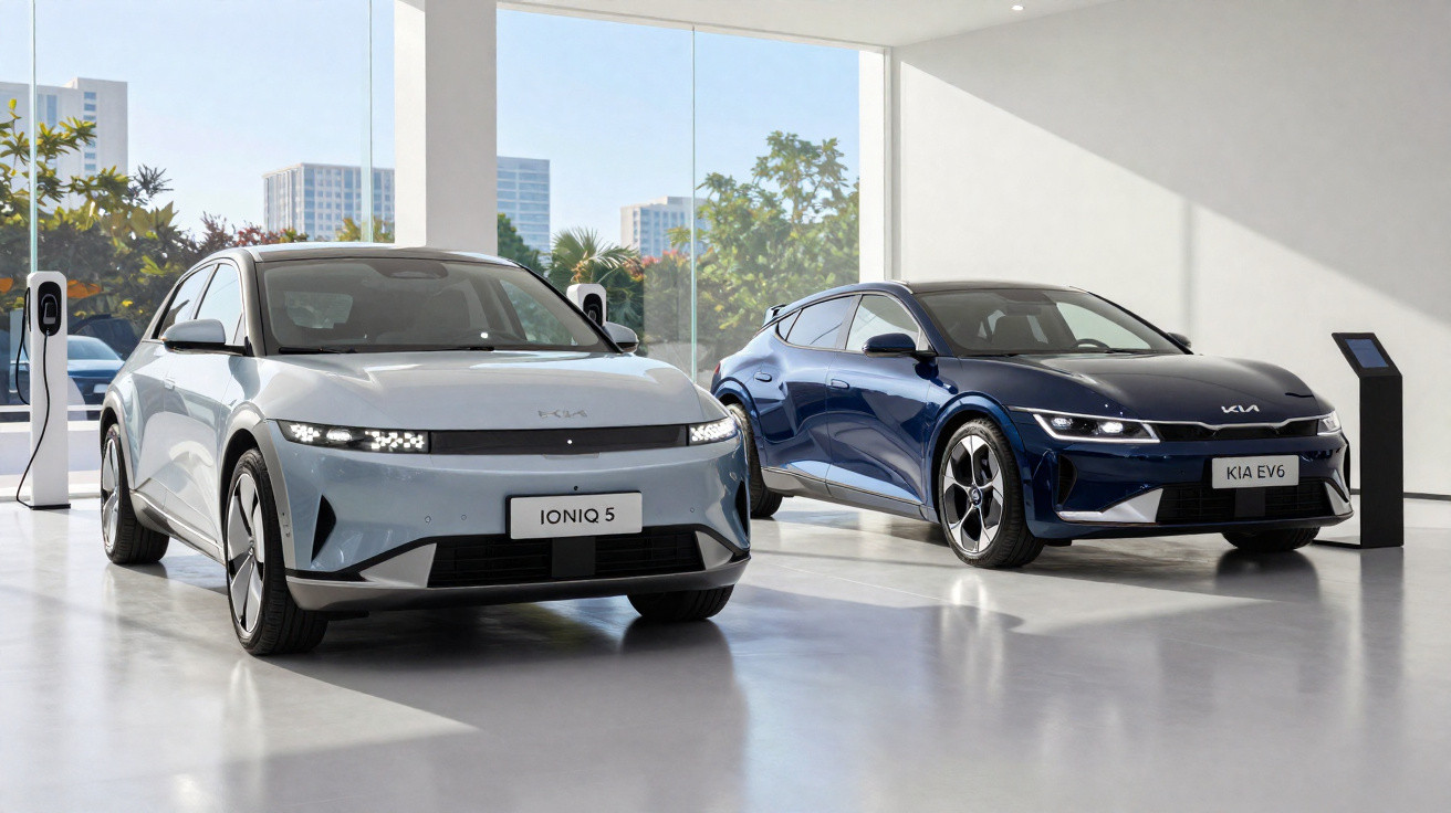 Dois carros elétricos modernos estacionados em showroom claro, com carregadores ao fundo e vista urbana.