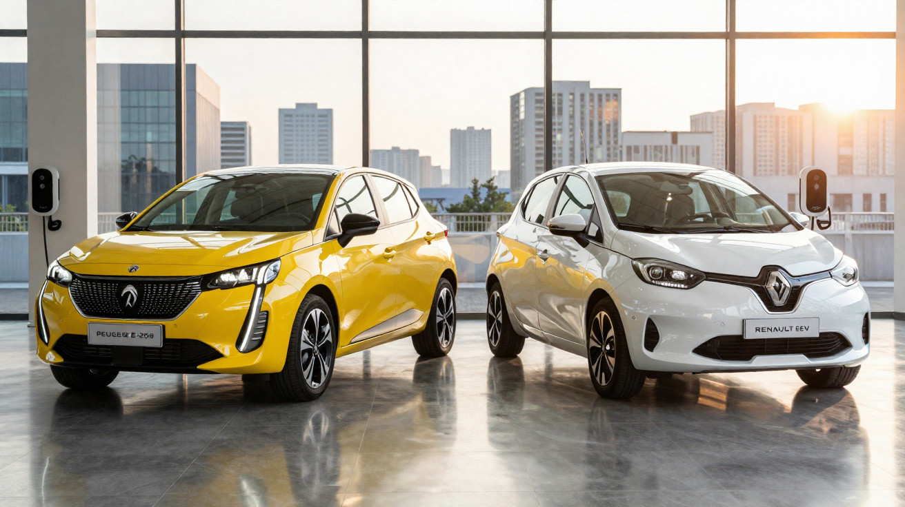 Dois carros elétricos compactos, amarelo Peugeot e-208 e branco Renault ZEV, em showroom com janelas grandes.