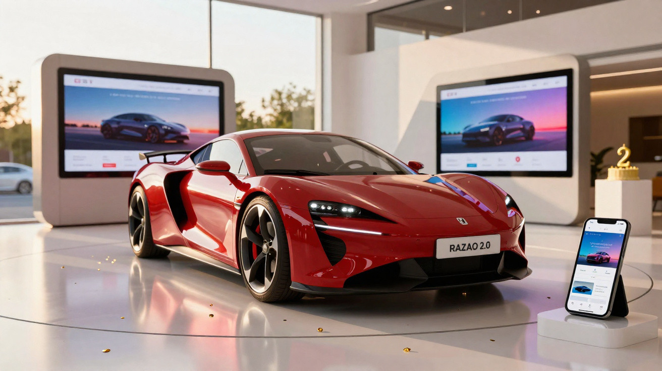 Carro esportivo vermelho Razao 2.0 em exposição moderna com telas digitais e celular ao lado.