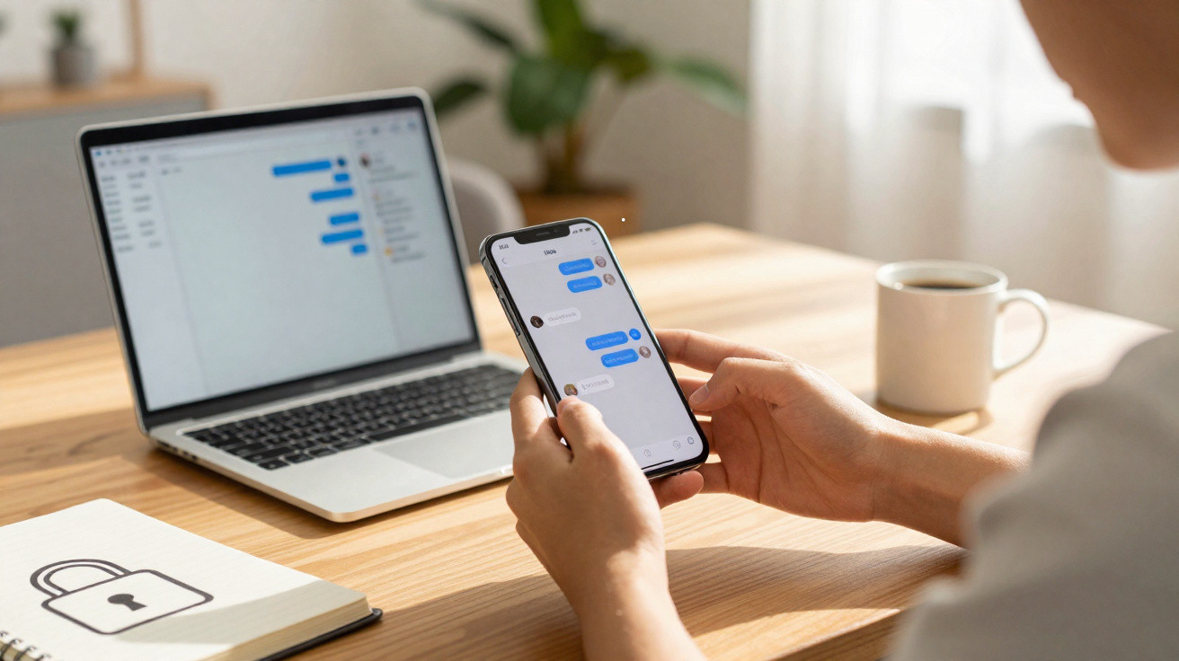 Pessoa segurando smartphone com conversas de mensagens ao lado de notebook e xícara em mesa de madeira.