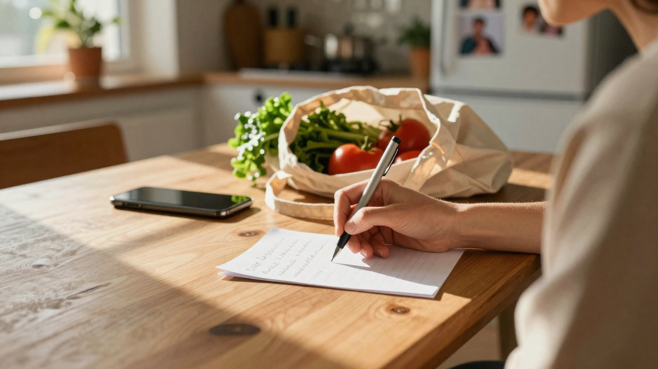 Pessoa escrevendo lista de compras em papel, com tomates e verduras em sacola na mesa de madeira.