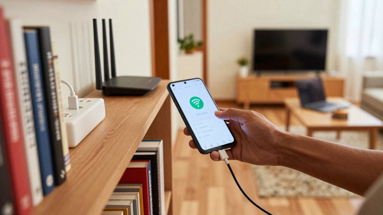 Pessoa segurando celular conectado por cabo, com símbolo de Wi-Fi na tela, em sala com estante e TV.