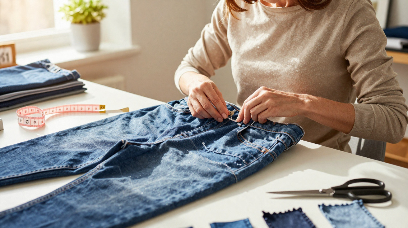 Pessoa costurando jeans azul em mesa com fita métrica, tesoura e amostras de tecido.