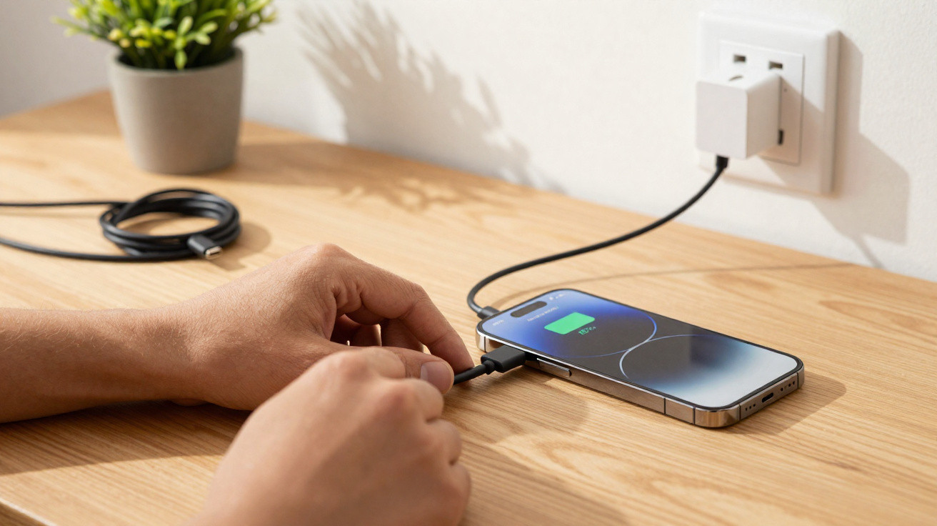 Mãos conectando cabo USB-C em smartphone que está carregando sobre mesa de madeira clara junto a parede.