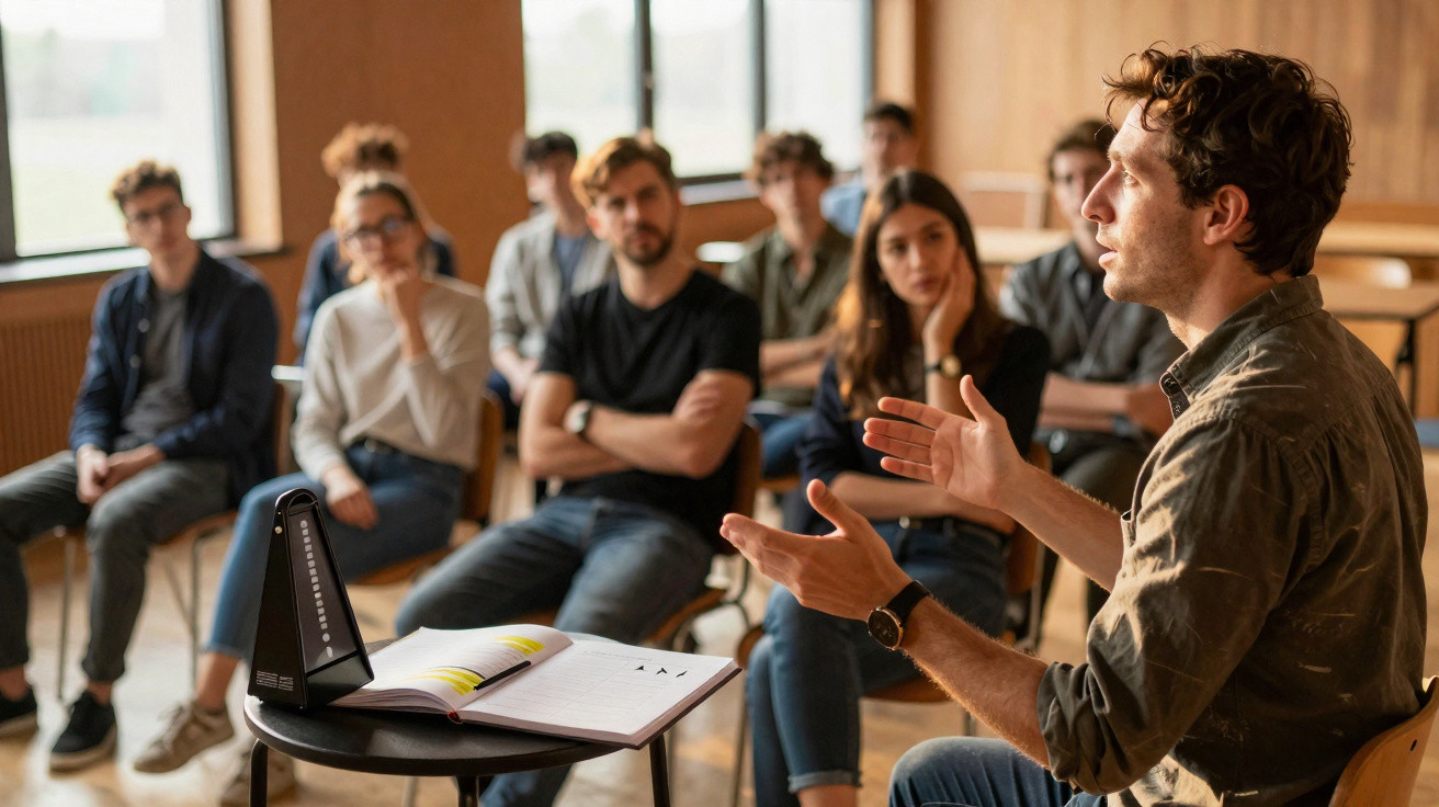 Homem falando para grupo de jovens atentos em sala com livros e metrônomo na mesa.