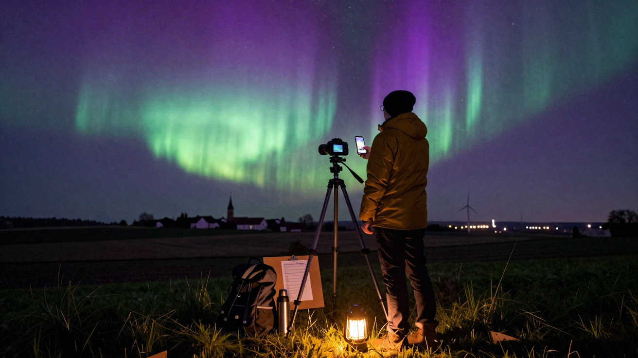 Pessoa com jaqueta observando aurora boreal e tirando foto com celular em campo à noite.
