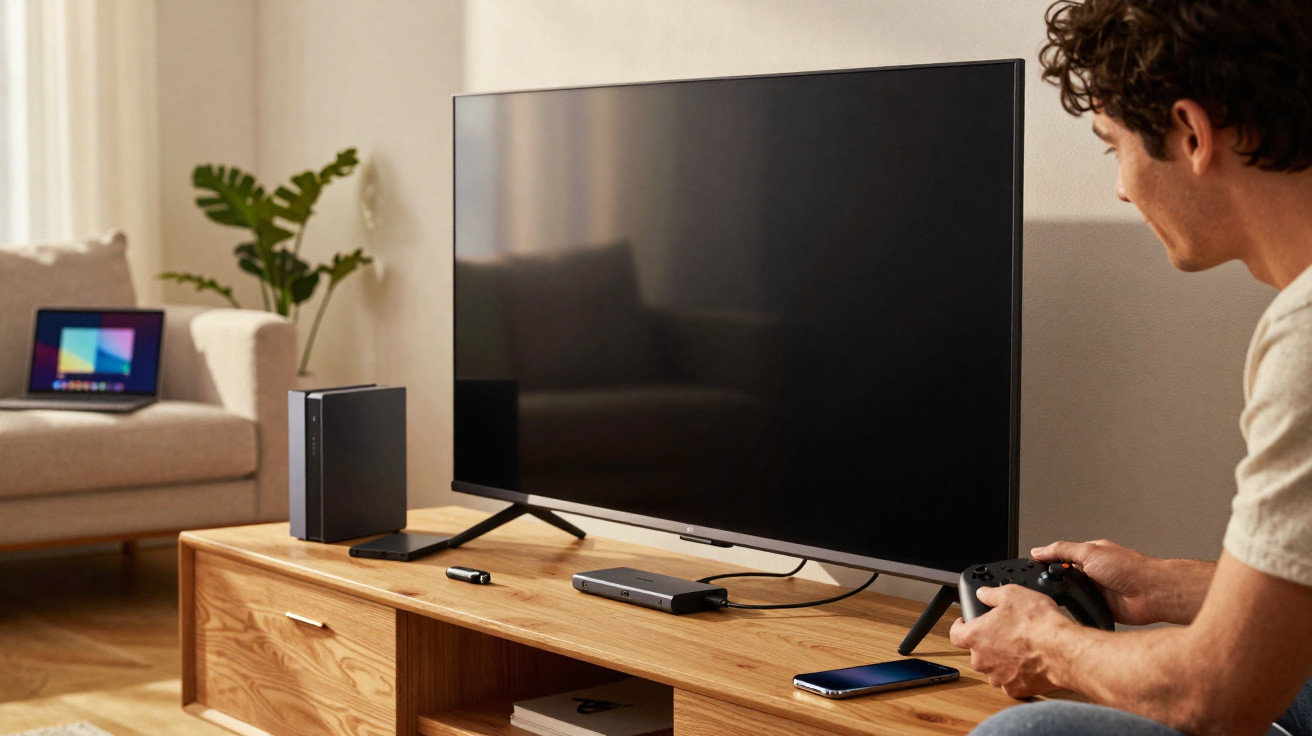 Homem sentado jogando videogame com controle na mão em sala com TV, sofá e notebook ao fundo.