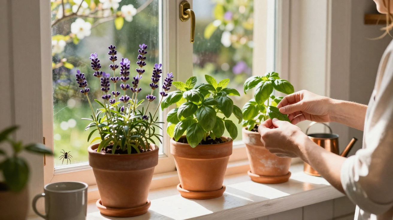 Pessoa cuidando de plantas em vasos na janela, com flores de lavanda e manjericão ao sol.