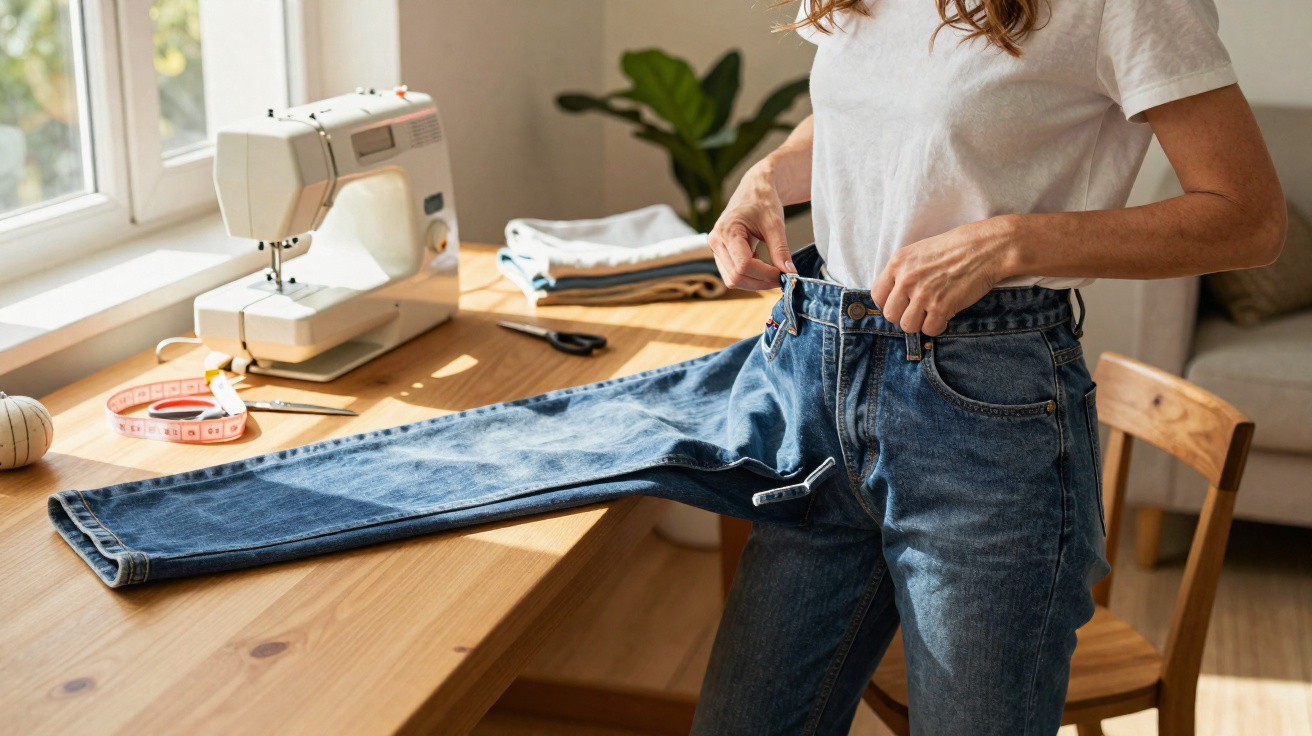 Pessoa veste calça jeans adaptada com perna estendida, ao lado de máquina de costura e mesa de trabalho.