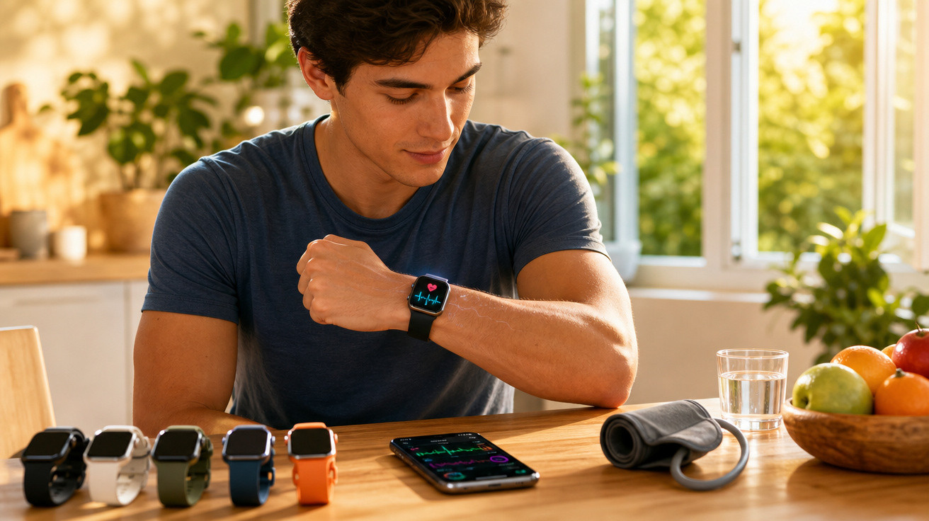 Homem usando relógio inteligente para monitorar frequência cardíaca em mesa com vários smartwatches e acessórios.