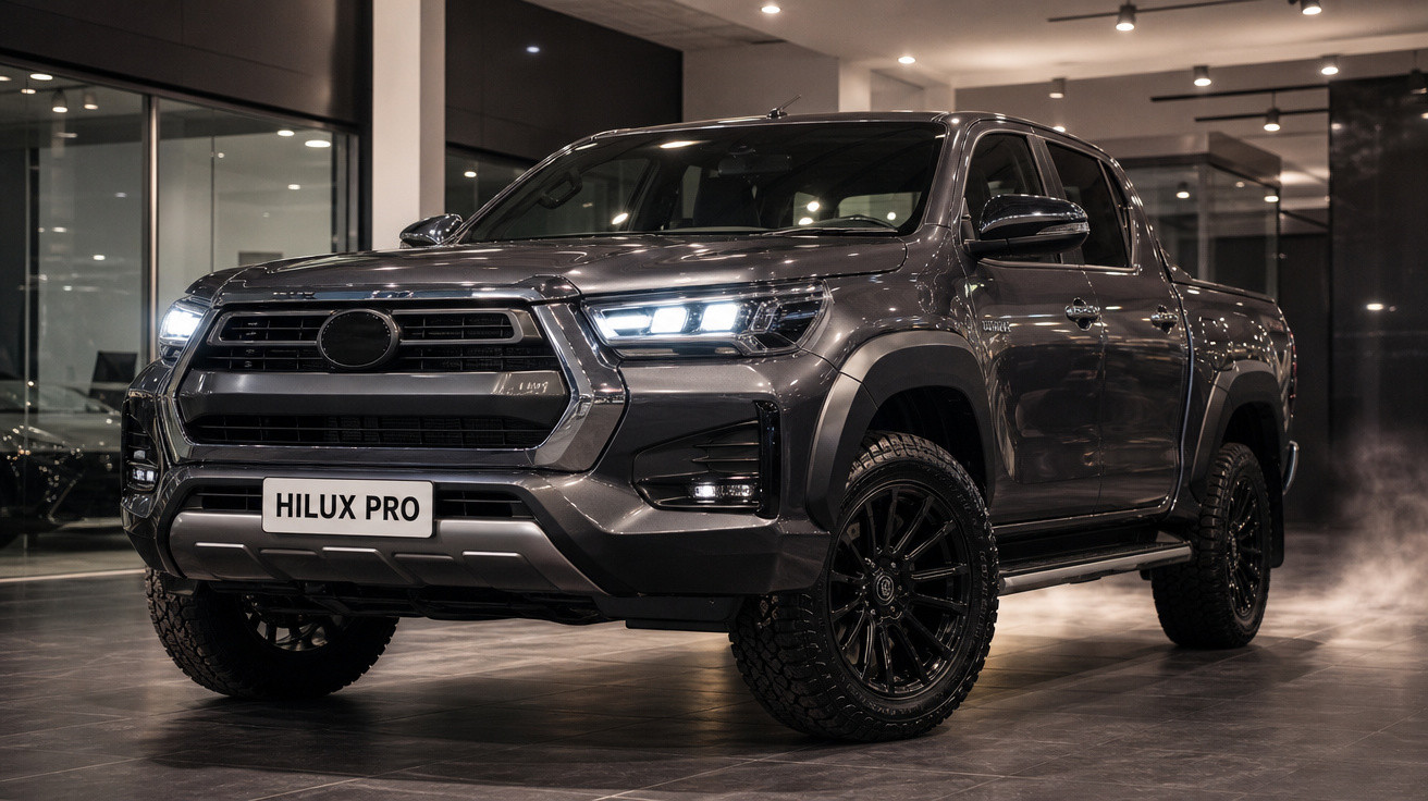Picape Toyota Hilux Pro cinza escuro com faróis acesos em showroom moderno à noite.