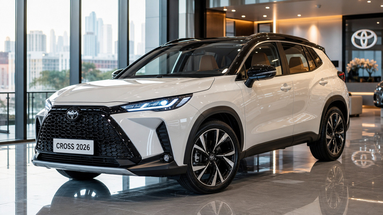 SUV branco Toyota Cross 2026 exposto em showroom moderno com janelas grandes e cidade ao fundo.