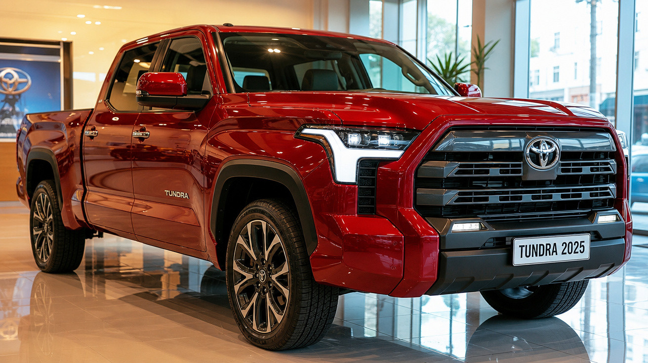 Picape Toyota Tundra 2025 vermelha em exibição dentro de showroom com vidros ao fundo.