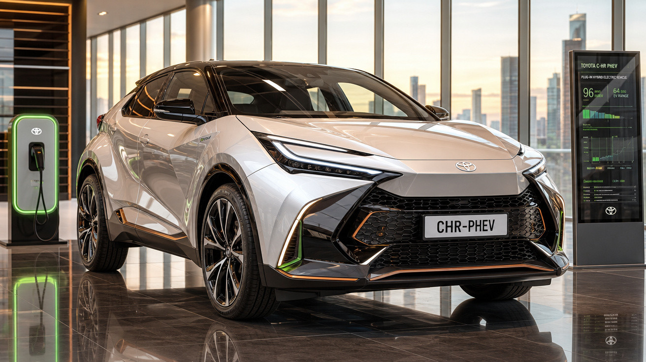 Carro híbrido Toyota CHR-PHEV prata em exposição com estação de recarga elétrica, em ambiente interno e moderno.