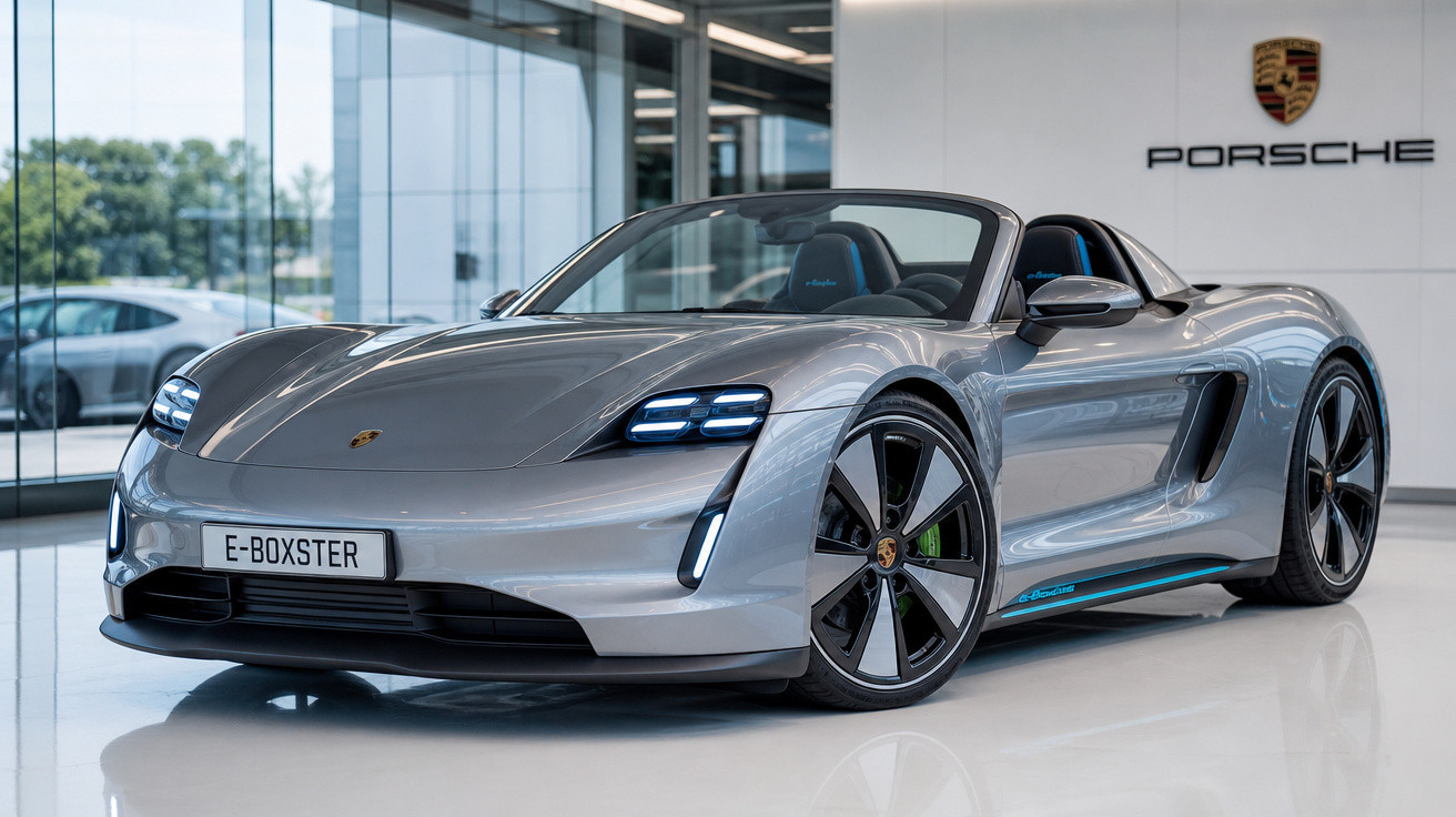 Carro esportivo elétrico conversível Porsche E-Boxster prata exibido em showroom moderno.