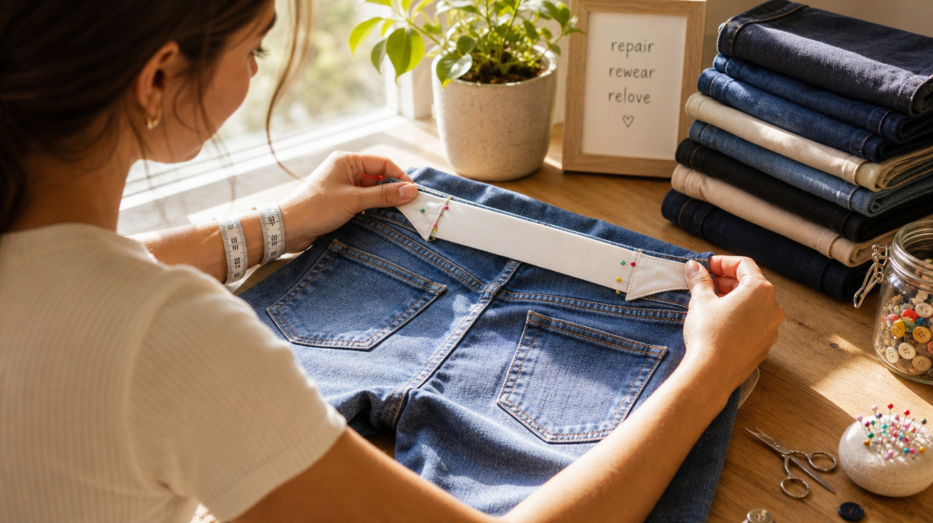 Mulher mede cós de calça jeans com fita métrica em mesa com peças dobradas e quadro com frase.