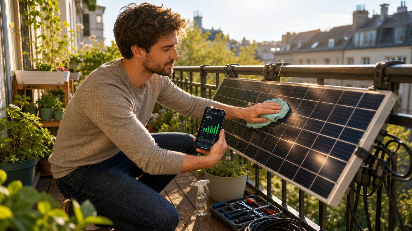 Homem limpando painel solar em varanda com celular mostrando gráfico de energia solar.