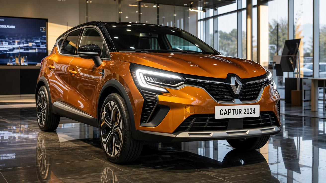 Carro Renault Captur 2024 na cor laranja brilhante em exposição dentro de showroom moderno.