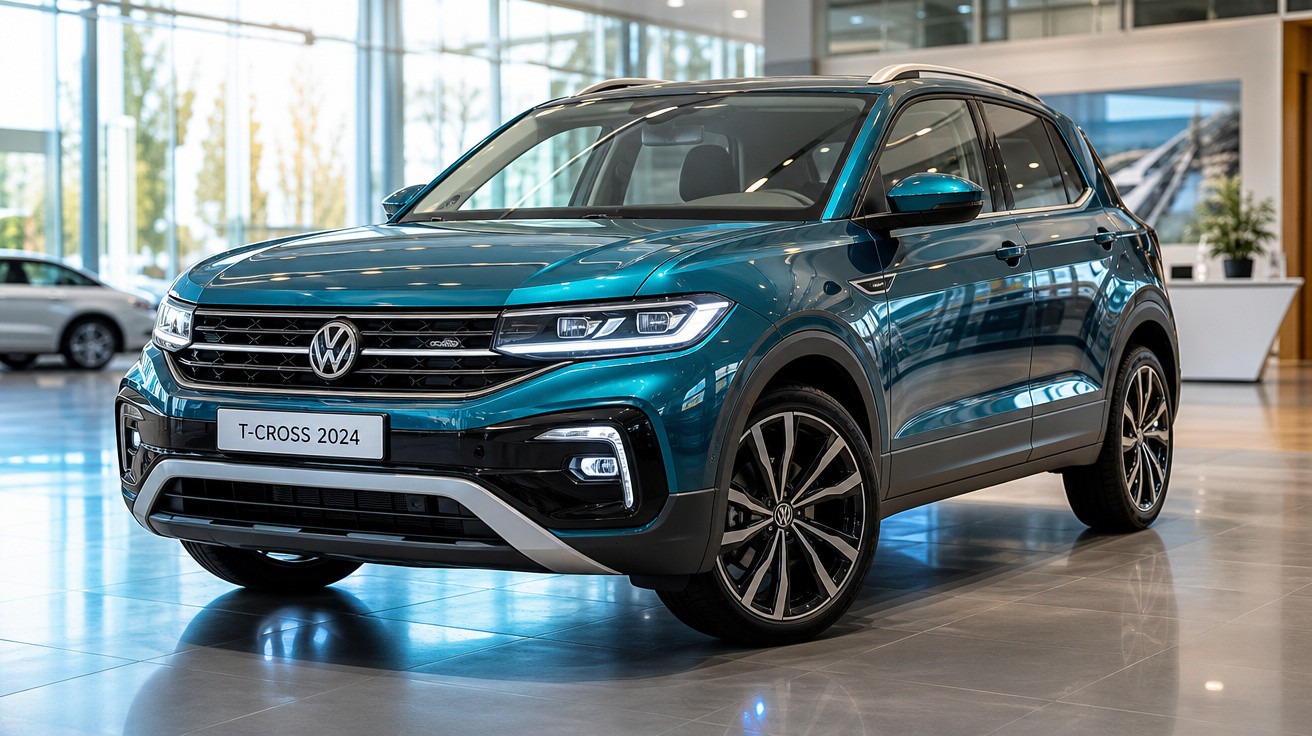 Volkswagen T-Cross 2024 SUV azul exibido em showroom moderno e iluminado.